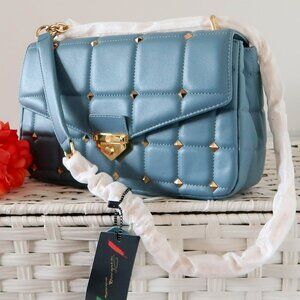 NEW Silvano Borgatti Blue Gold Stud Quilted Leather Shoulder Bag Purse Italy